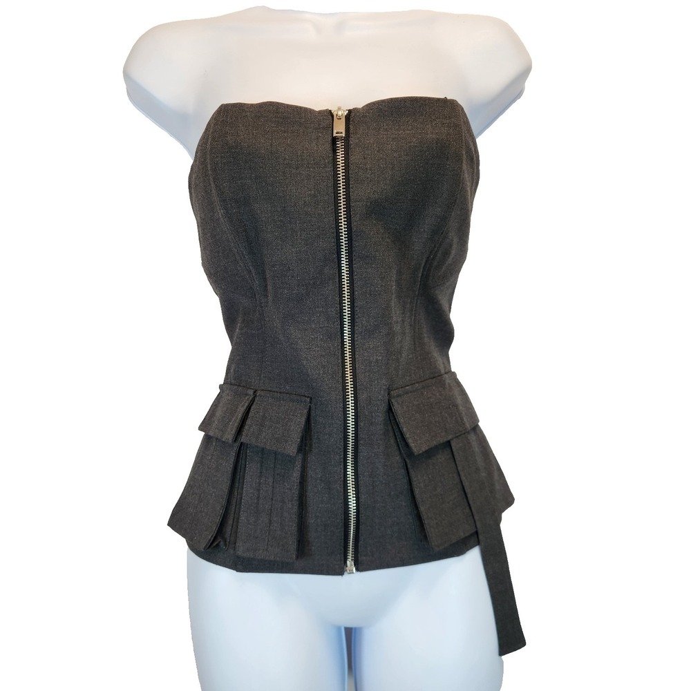 NWT Zara Women's Size S Strapless Zipper Pocket Gray Cargo Corset Top